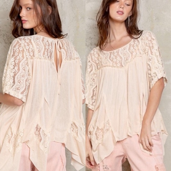 POL Tops - POL Cream Lace Knit Top | Semi Sheer Short Sleeve Tie Back Chic